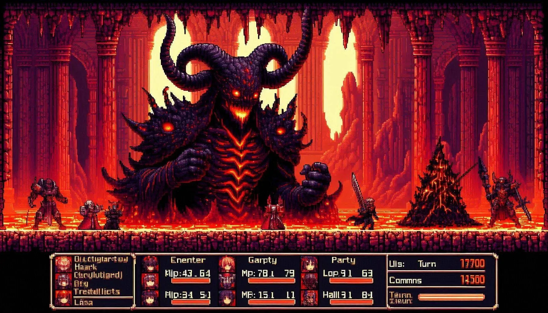 좌측 마왕과 우측 4인 파티가 화산 왕좌 홀에서 대치하는 픽셀 RPG 전투 UI 화면