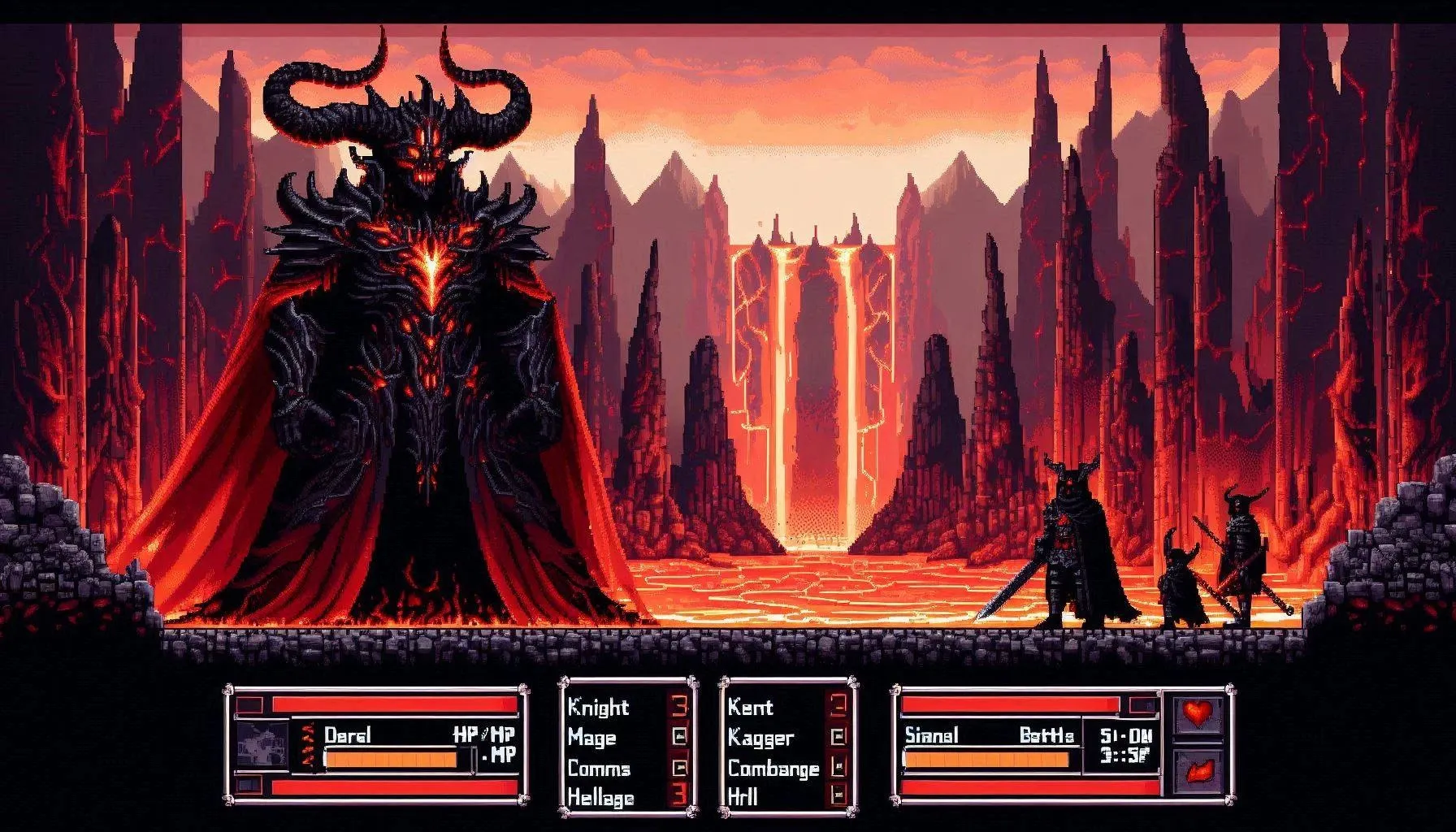 좌측 마왕과 우측 4인 파티가 화산 왕좌 홀에서 대치하는 픽셀 RPG 전투 UI 화면
