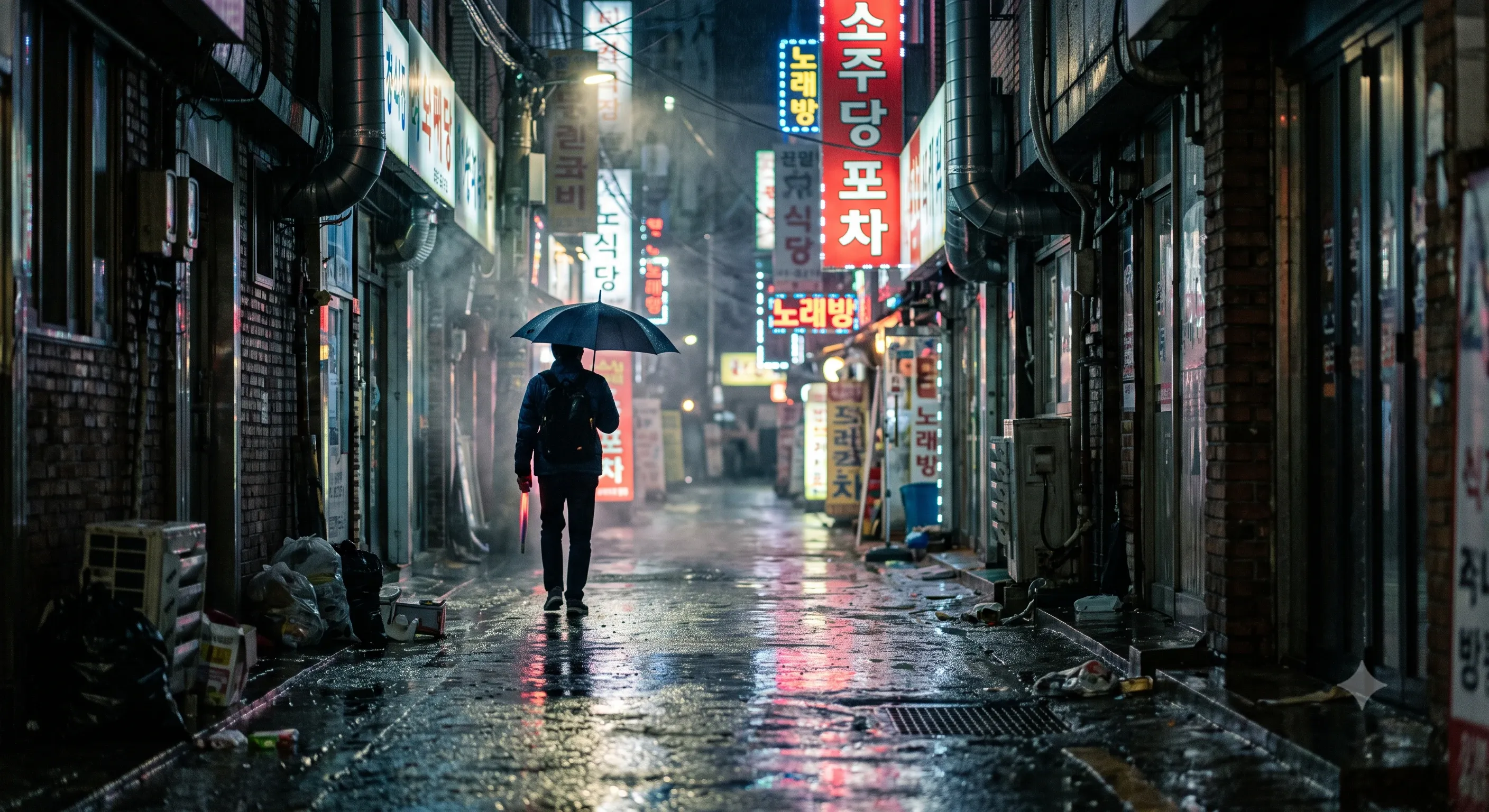 비 내리는 서울 골목과 네온 조명이 젖은 도로에 반사되는 시네마틱 AI 이미지
